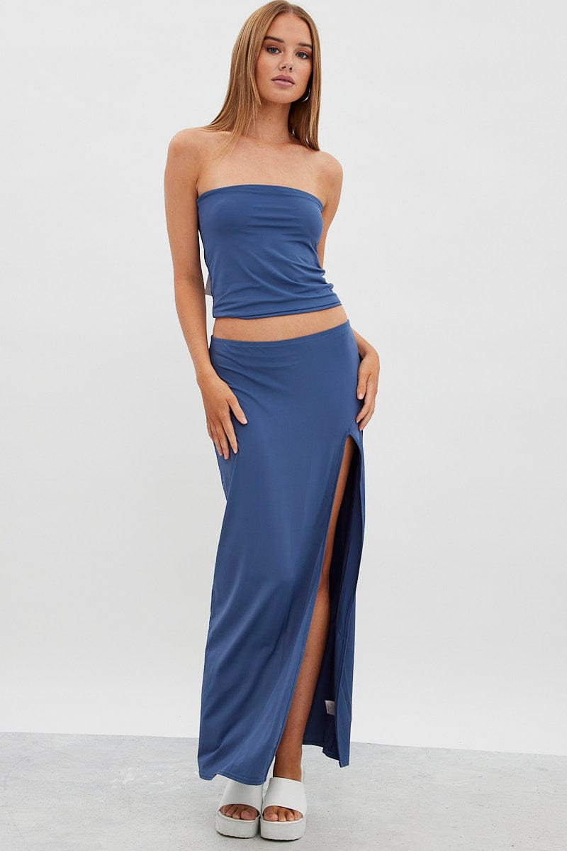 Blue Maxi Skirt Mid Rise Split Nylon for Ally Fashion