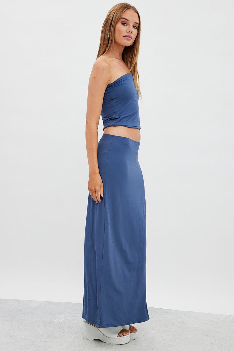 Blue Maxi Skirt Mid Rise Split Nylon for Ally Fashion