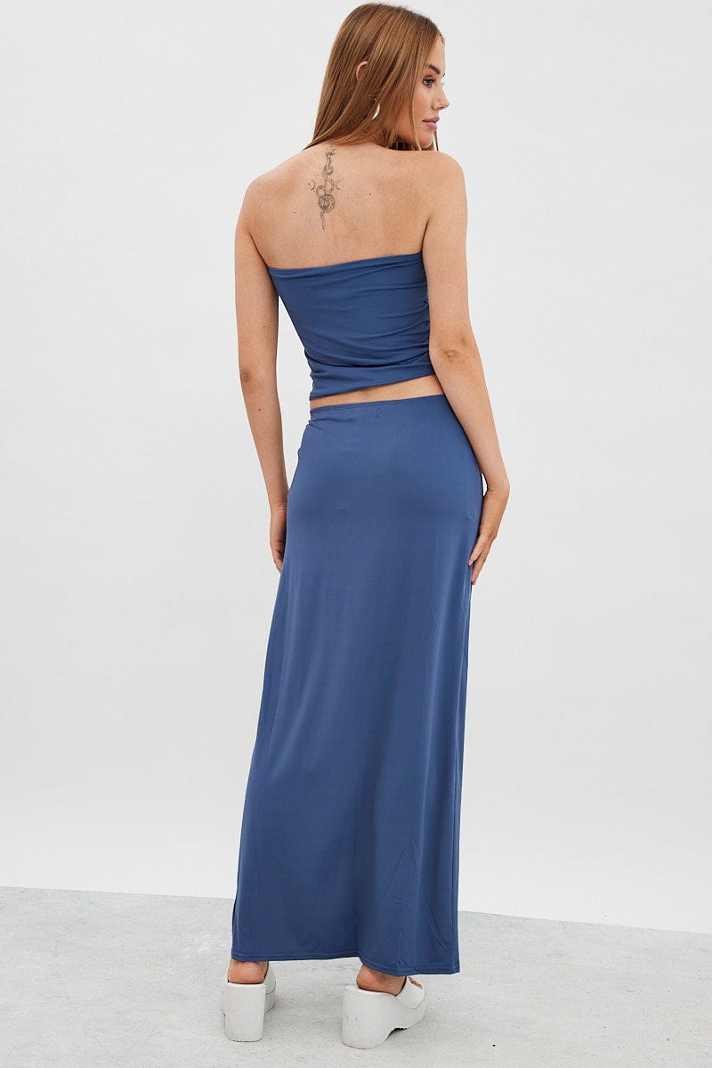 Blue Maxi Skirt Mid Rise Split Nylon for Ally Fashion