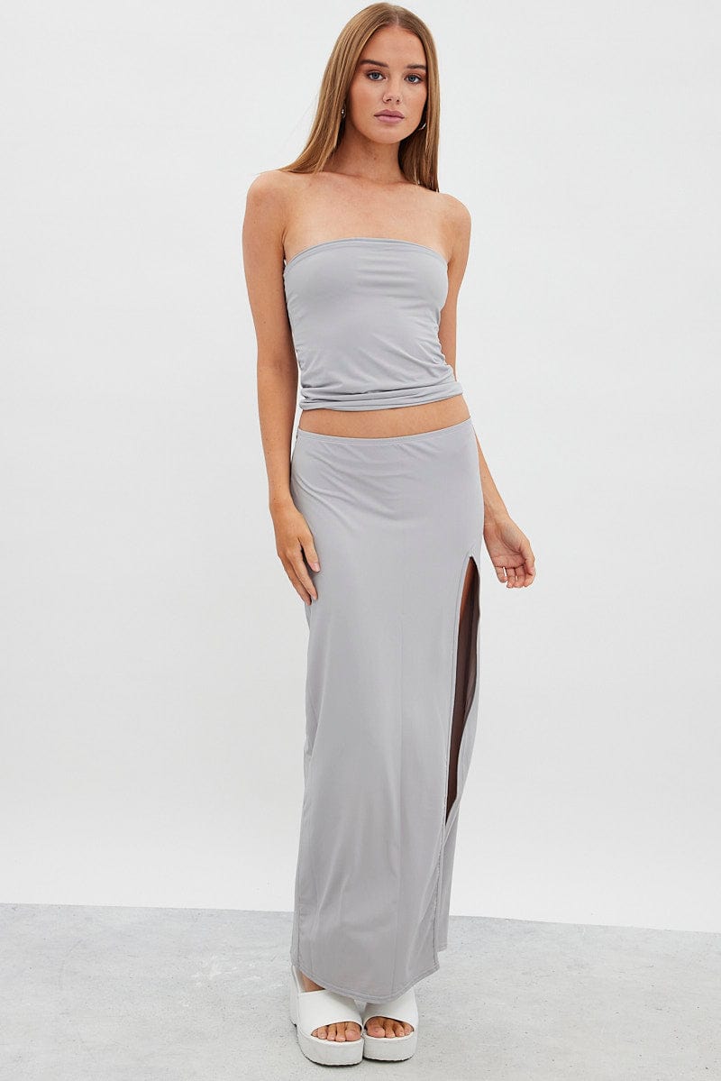 Grey Maxi Skirt Mid Rise Split Nylon for Ally Fashion