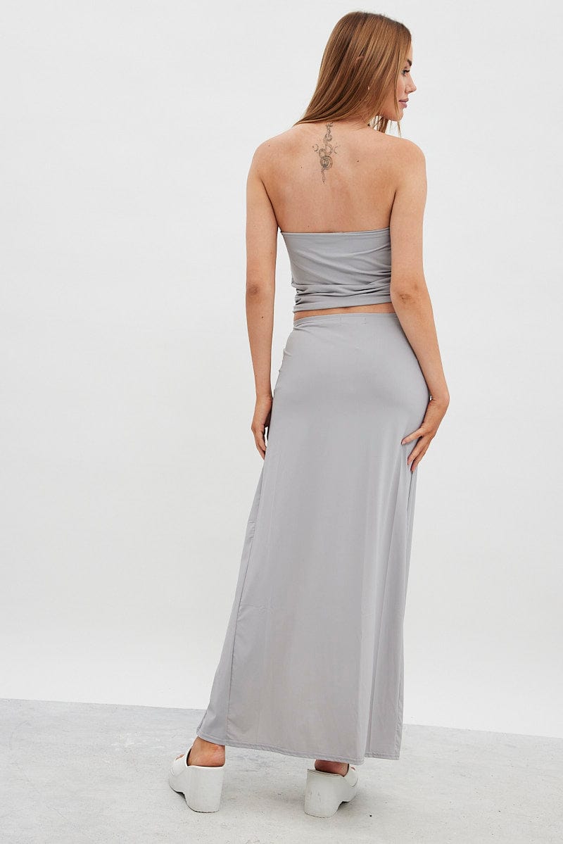 Grey Maxi Skirt Mid Rise Split Nylon for Ally Fashion