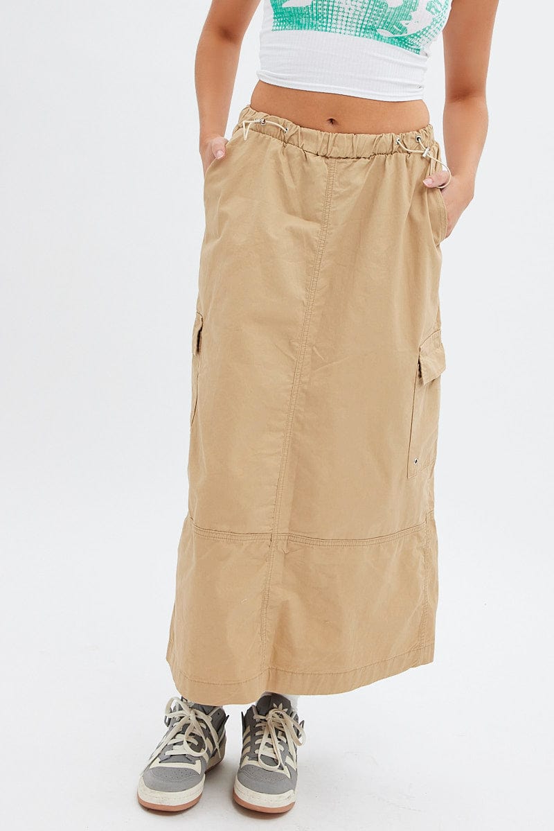 Beige Maxi Skirt Low Rise Cargo Parachute for Ally Fashion