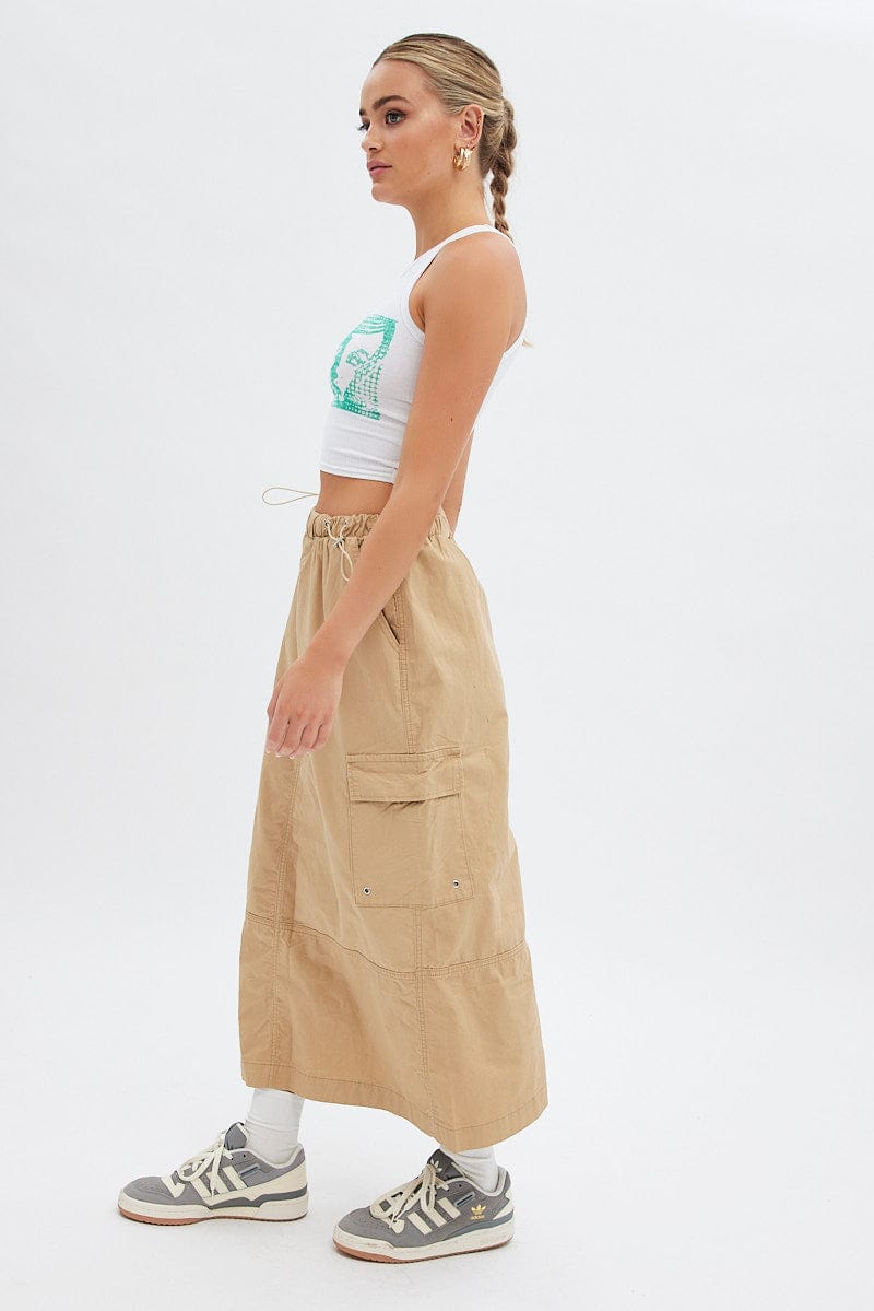 Beige Maxi Skirt Low Rise Cargo Parachute for Ally Fashion