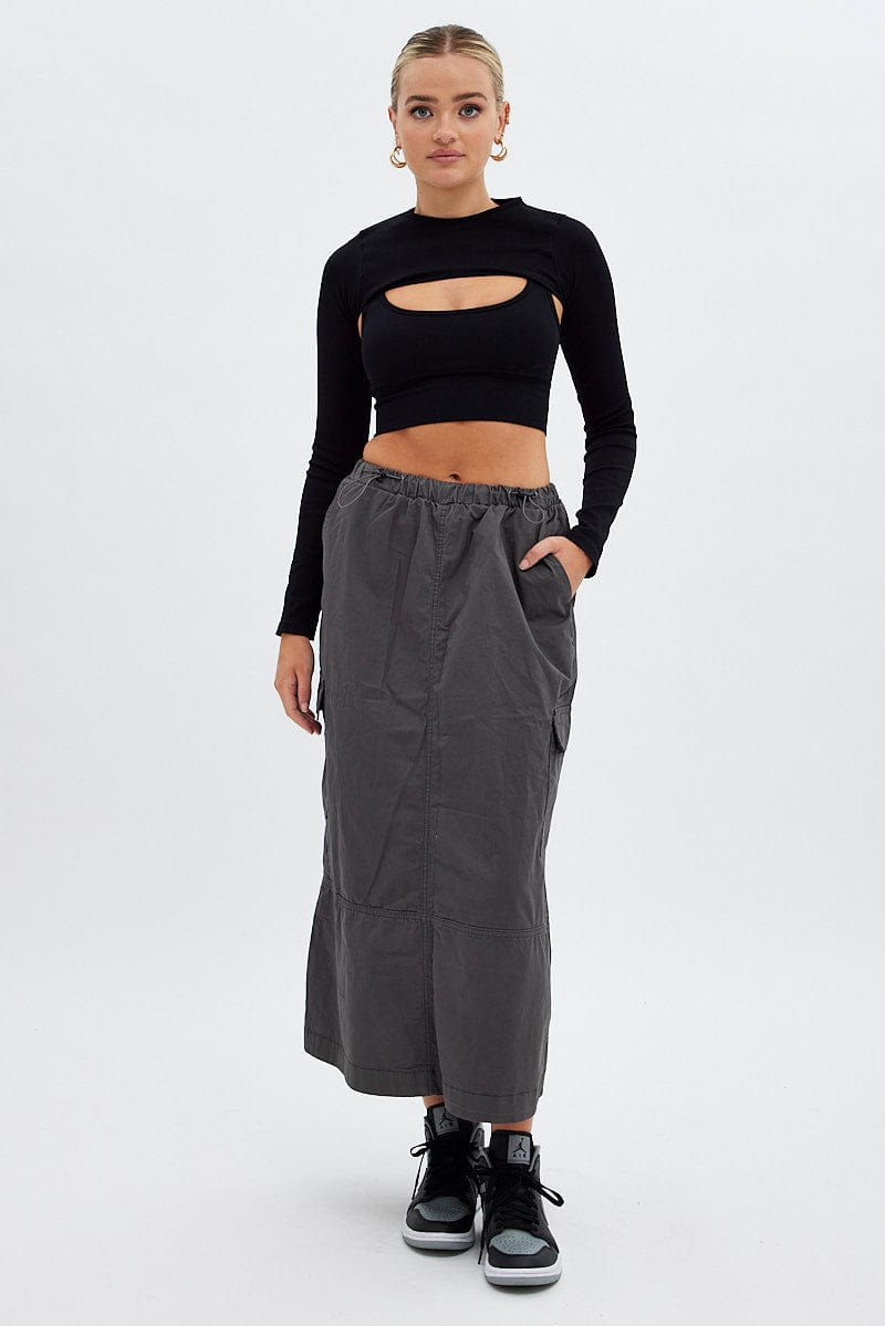 Grey Maxi Skirt Low Rise Cargo Parachute for Ally Fashion