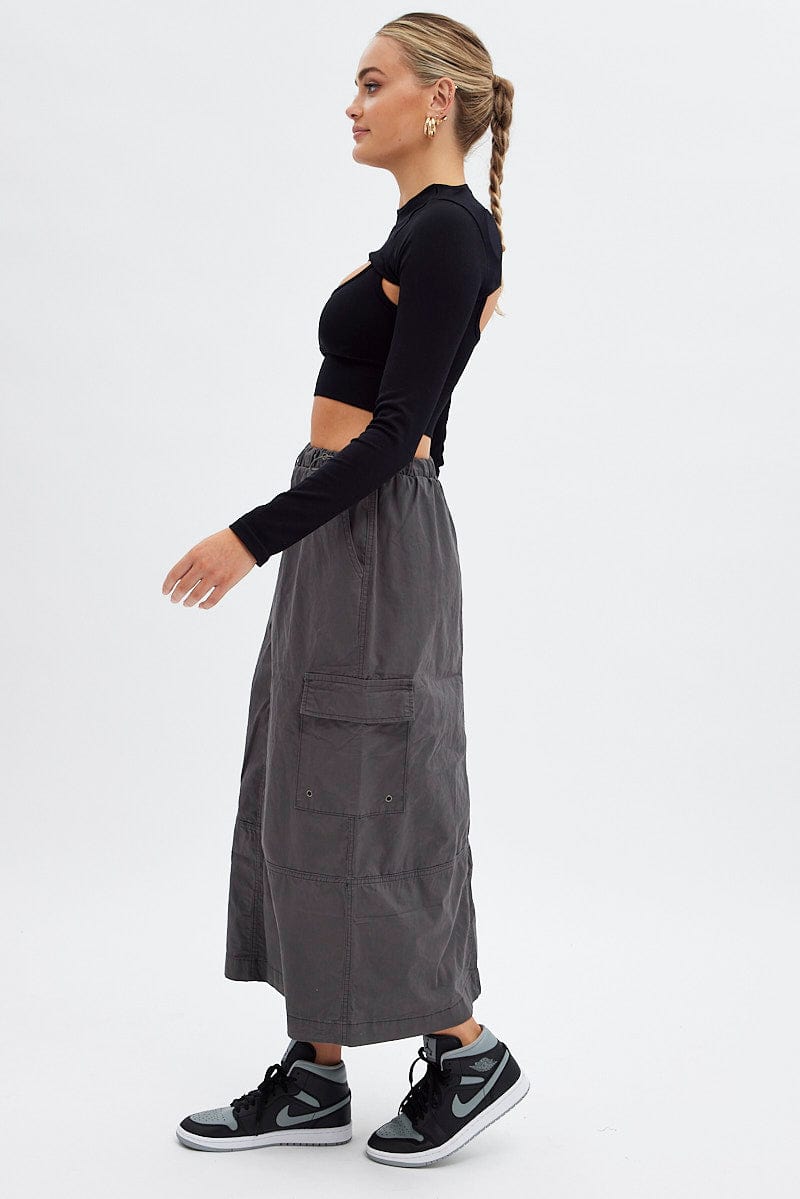 Grey Maxi Skirt Low Rise Cargo Parachute for Ally Fashion