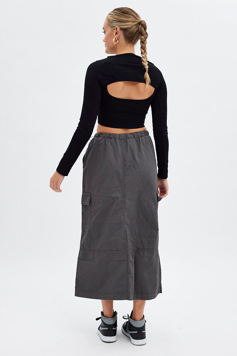 Grey Maxi Skirt Low Rise Cargo Parachute for Ally Fashion