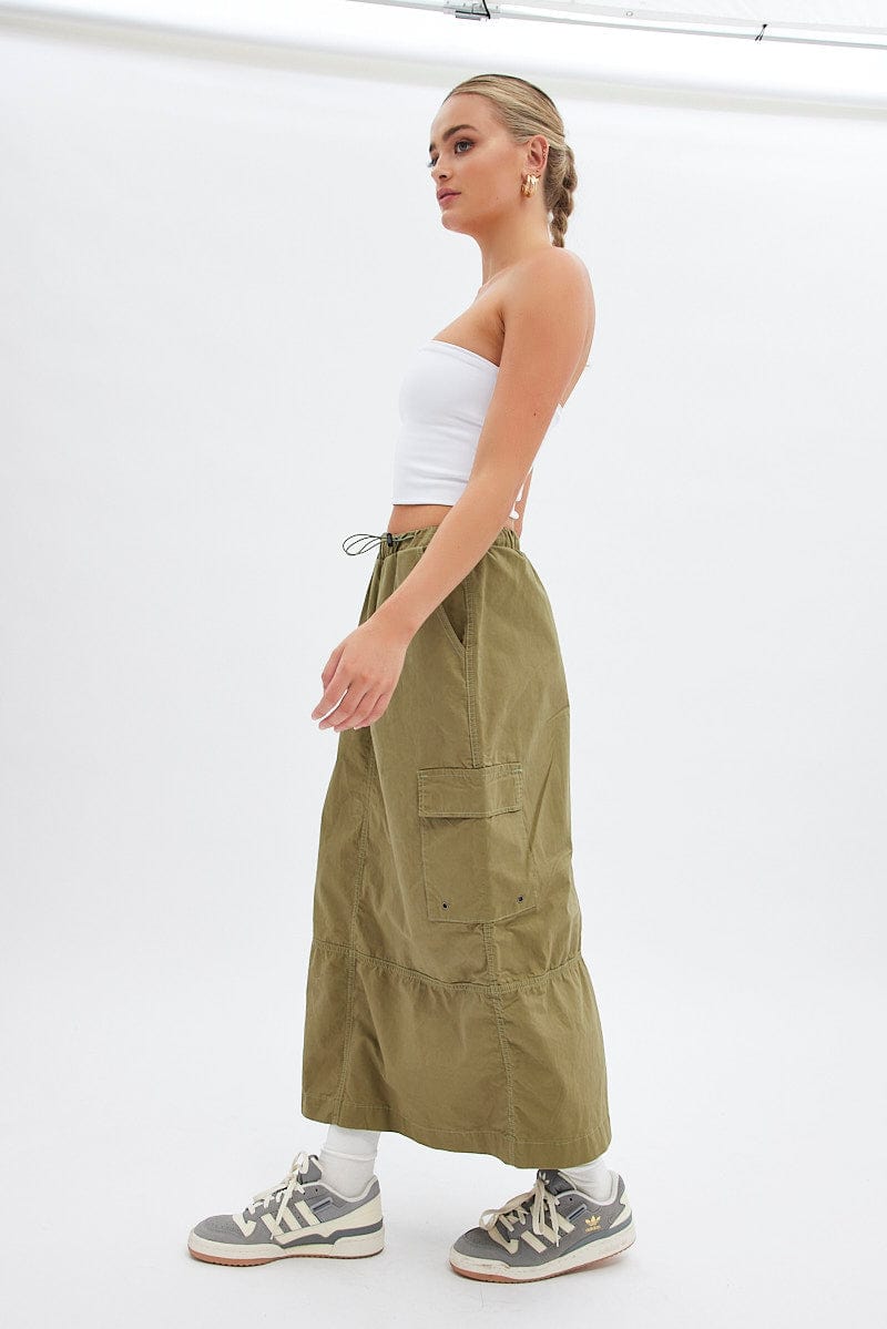 Green Maxi Skirt Low Rise Cargo Parachute for Ally Fashion