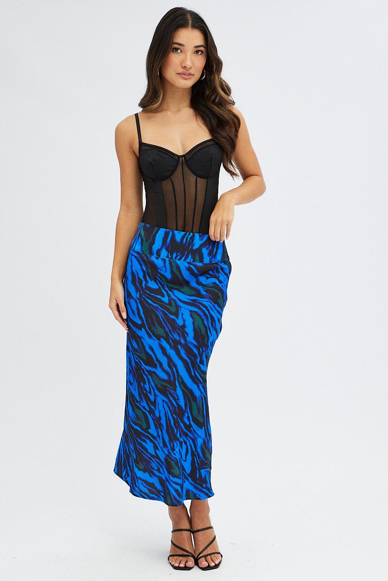 Blue Abstract Midi Skirt High Waisted Satin Bias Cut for Ally Fashion