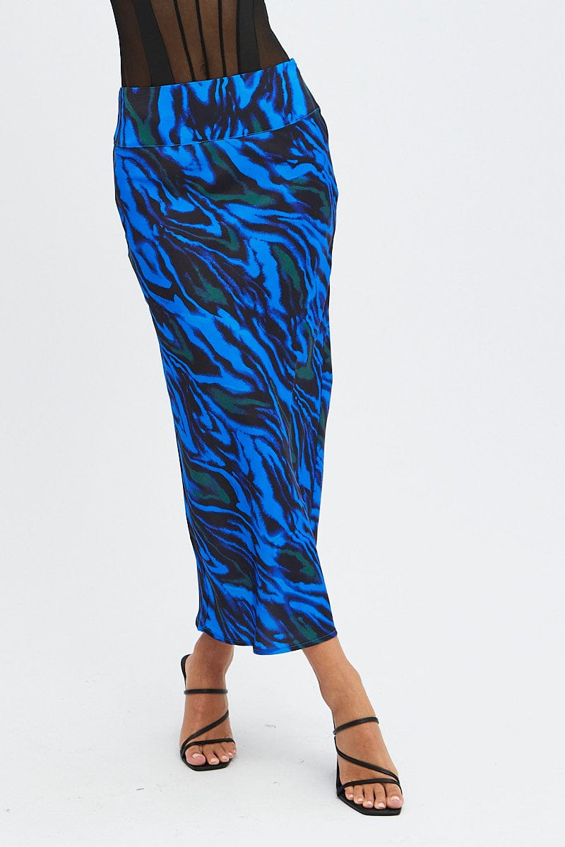 Blue Abstract Midi Skirt High Waisted Satin Bias Cut for Ally Fashion
