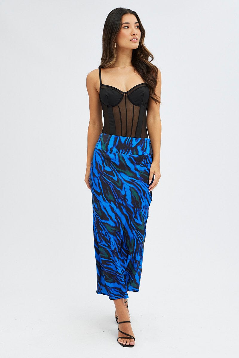 Blue Abstract Midi Skirt High Waisted Satin Bias Cut for Ally Fashion