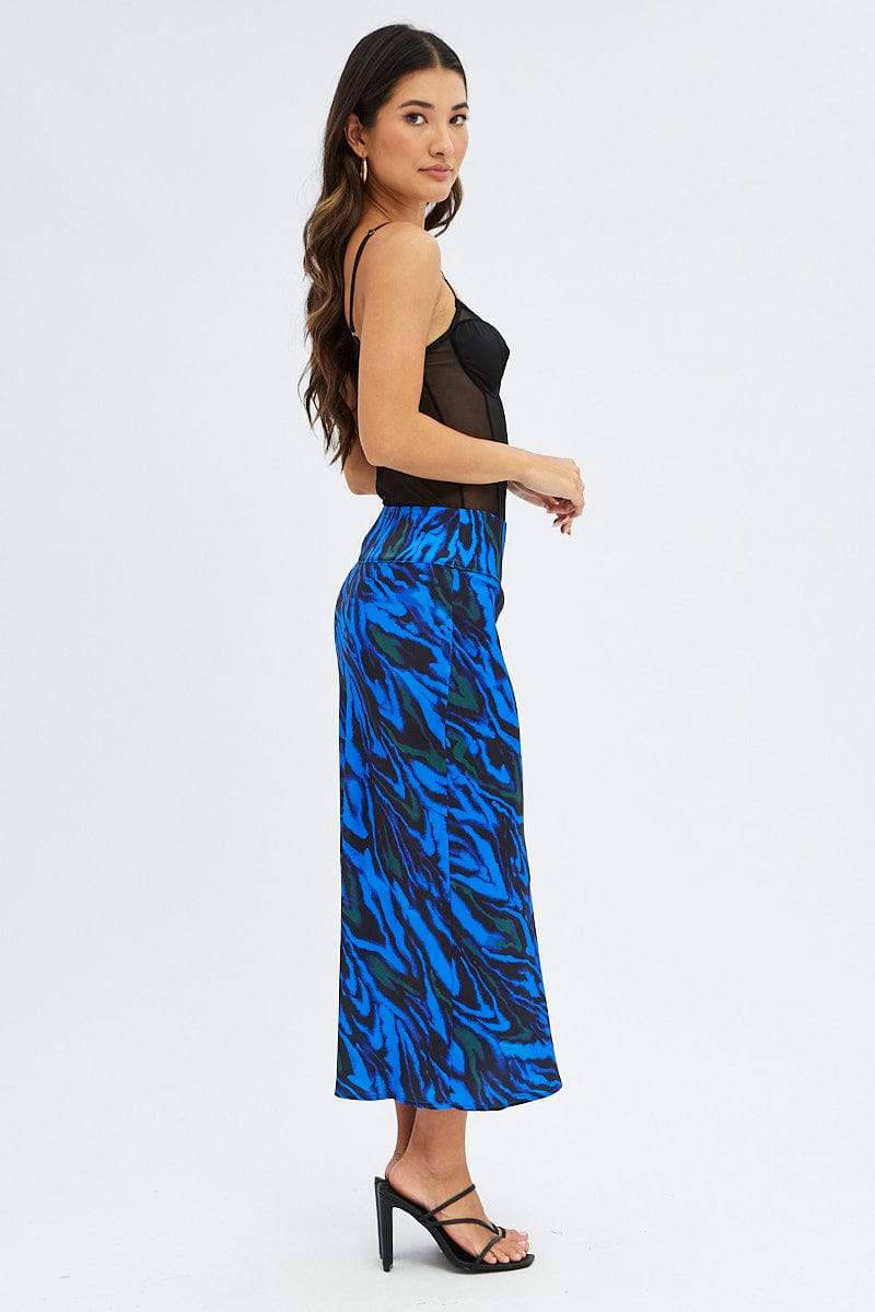 Blue Abstract Midi Skirt High Waisted Satin Bias Cut for Ally Fashion