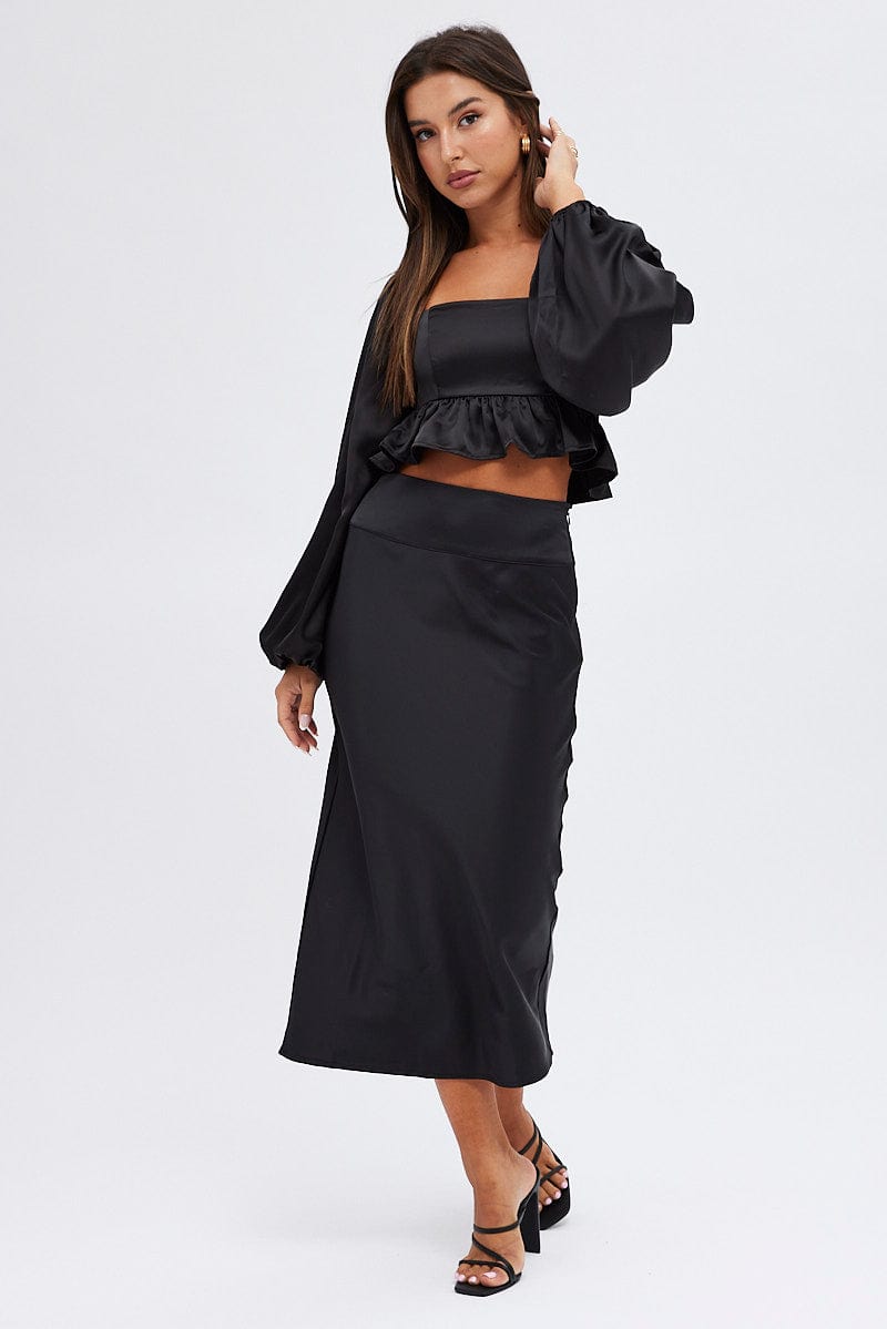 Black Midi Skirt High Waisted Satin Bias Cut | Ally Fashion
