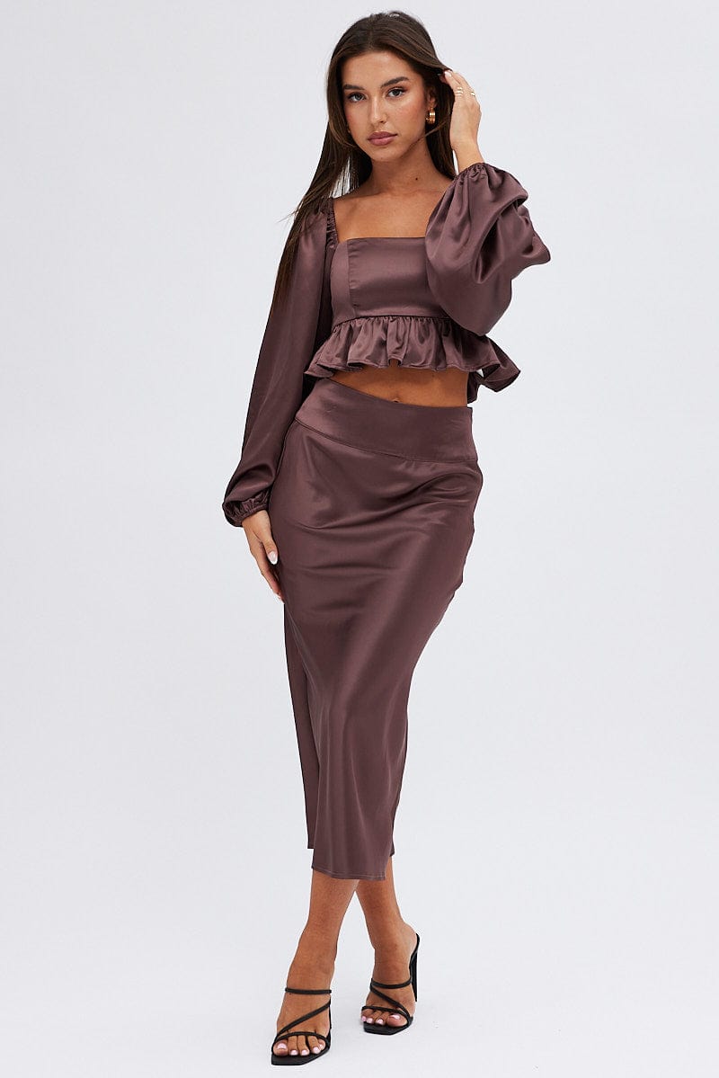 Brown Midi Skirt High Waisted Satin Bias Cut for Ally Fashion