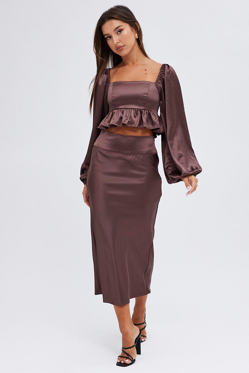 Brown Midi Skirt High Waisted Satin Bias Cut for Ally Fashion