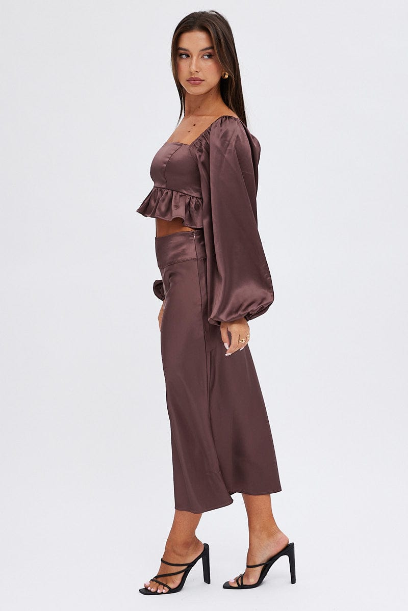 Brown Midi Skirt High Waisted Satin Bias Cut for Ally Fashion