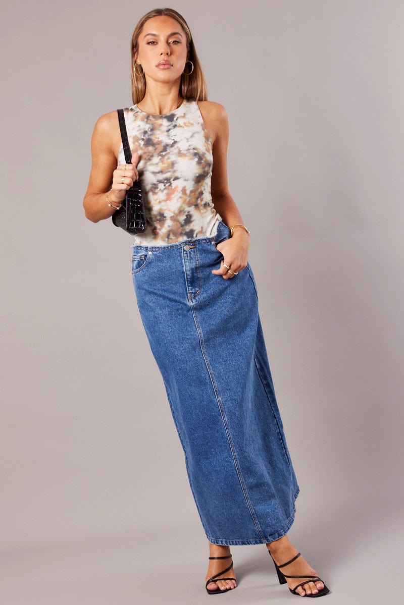 Denim Maxi Skirt High Rise A-line Raw Edge Denim for Ally Fashion