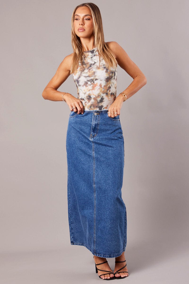 Denim Maxi Skirt High Rise A-line Raw Edge Denim for Ally Fashion