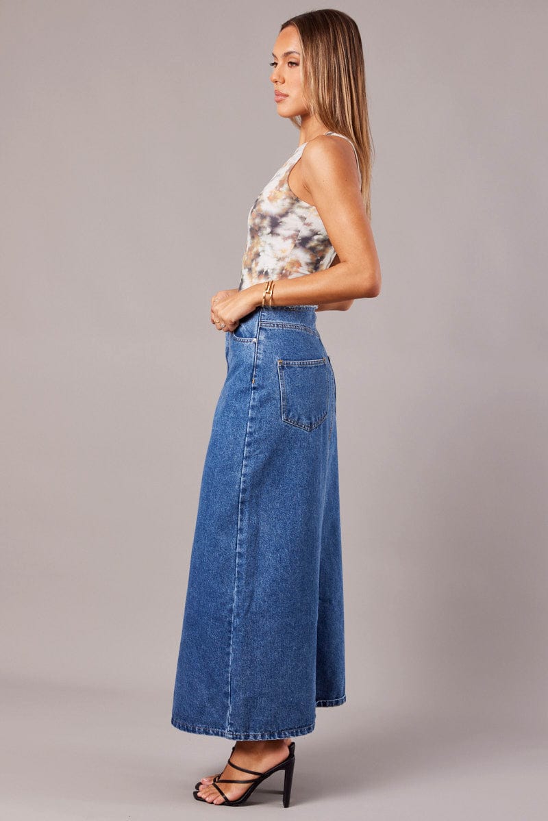 Denim Maxi Skirt High Rise A line Raw Edge Denim