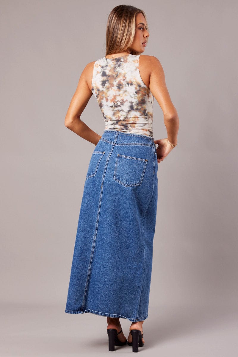 Denim Maxi Skirt High Rise A-line Raw Edge Denim for Ally Fashion