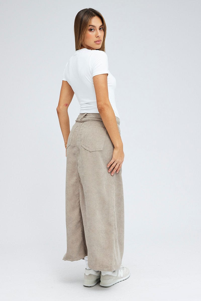 Grey Maxi Skirt High Rise A-line Raw Edge Corduroy for Ally Fashion