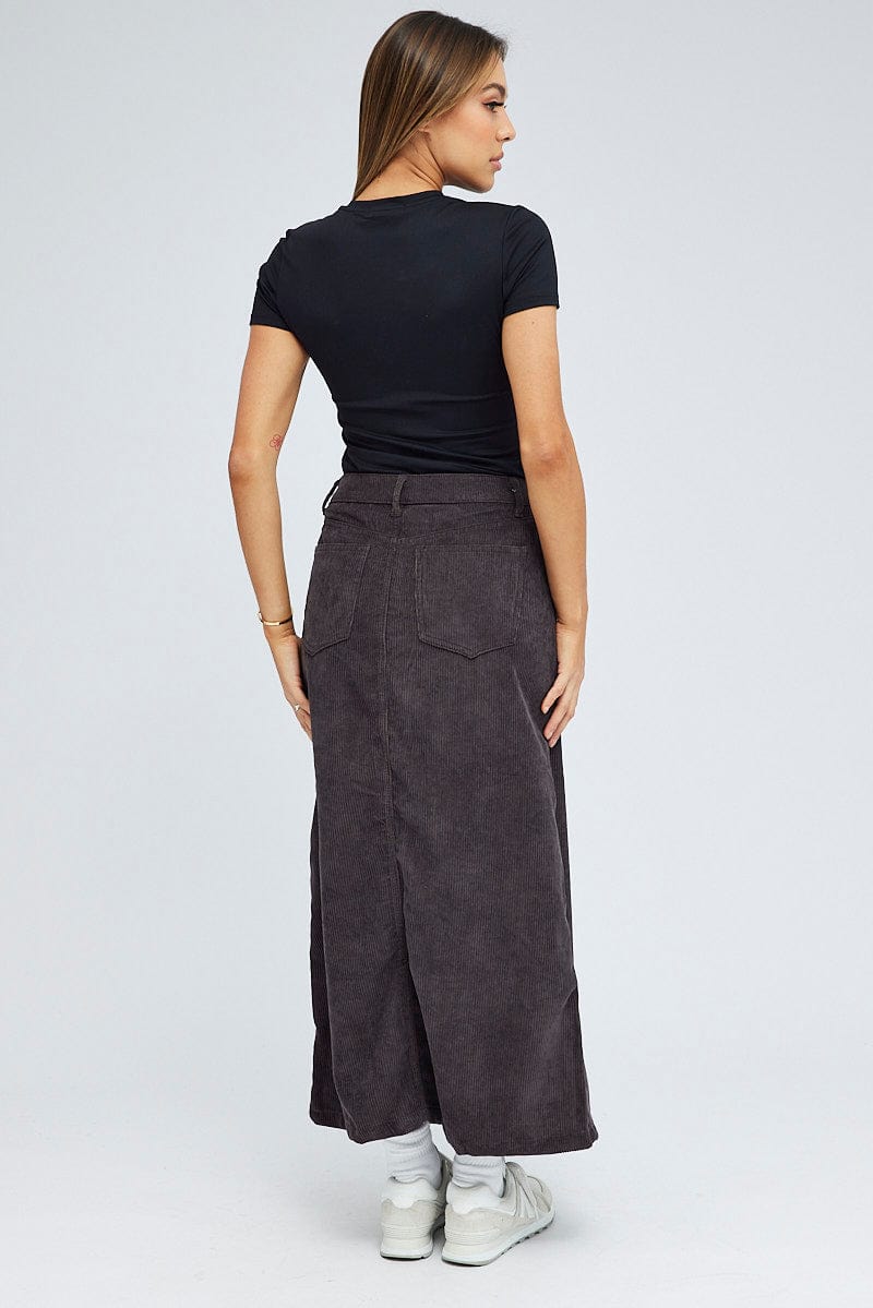 Black Maxi Skirt High Rise A-line Corduroy Ally Fashion