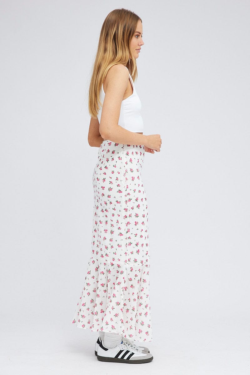 White Floral Maxi Skirt High Waist Fit & Flare Elastic Waist for Ally Fashion