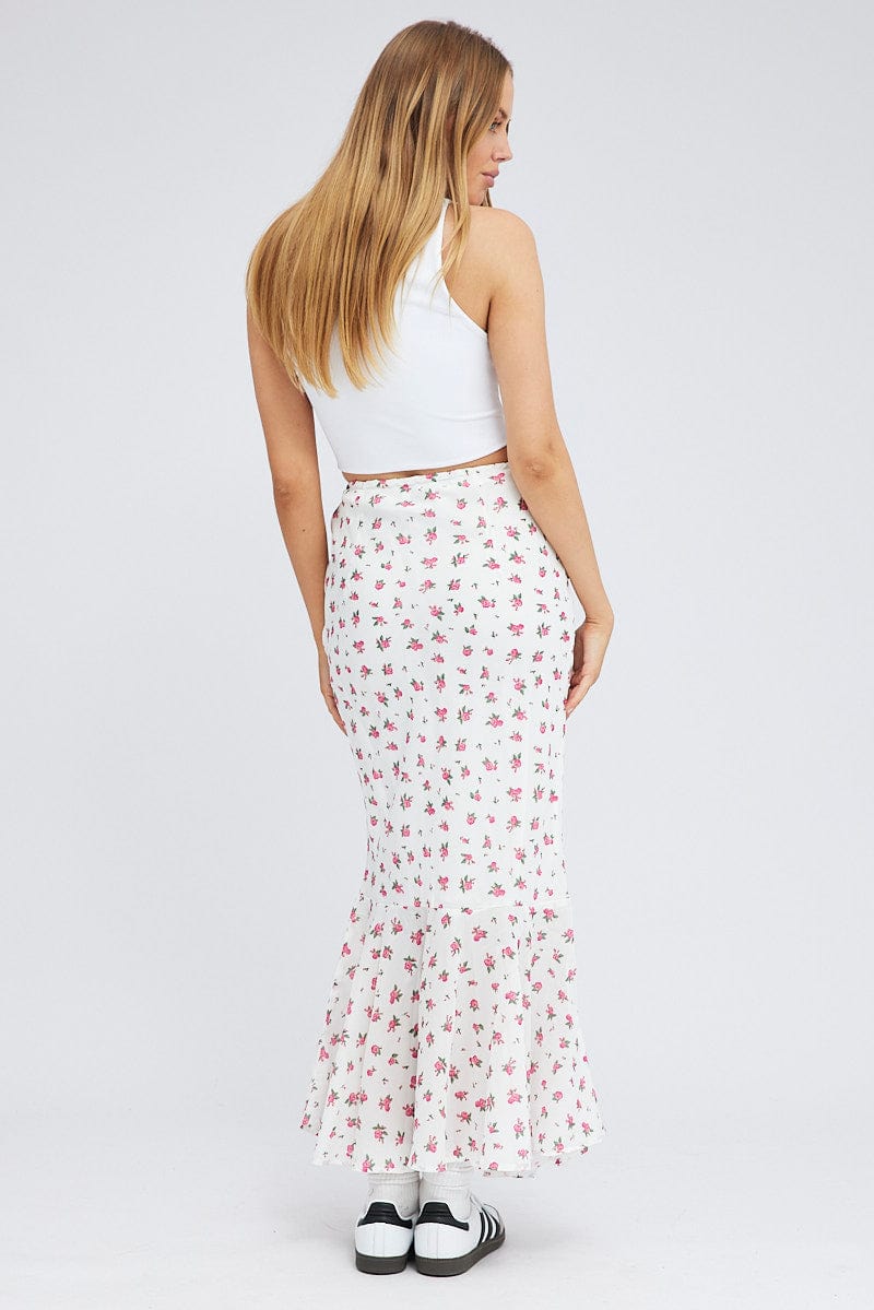 White Floral Maxi Skirt High Waist Fit & Flare Elastic Waist for Ally Fashion