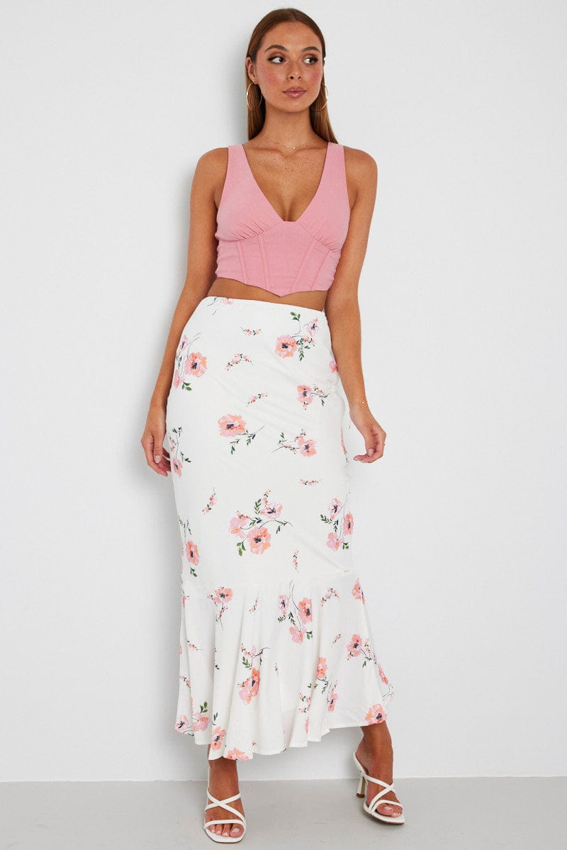 White Floral Floral Long Skirt Maxi Cherry On Top Maxi Skirt White