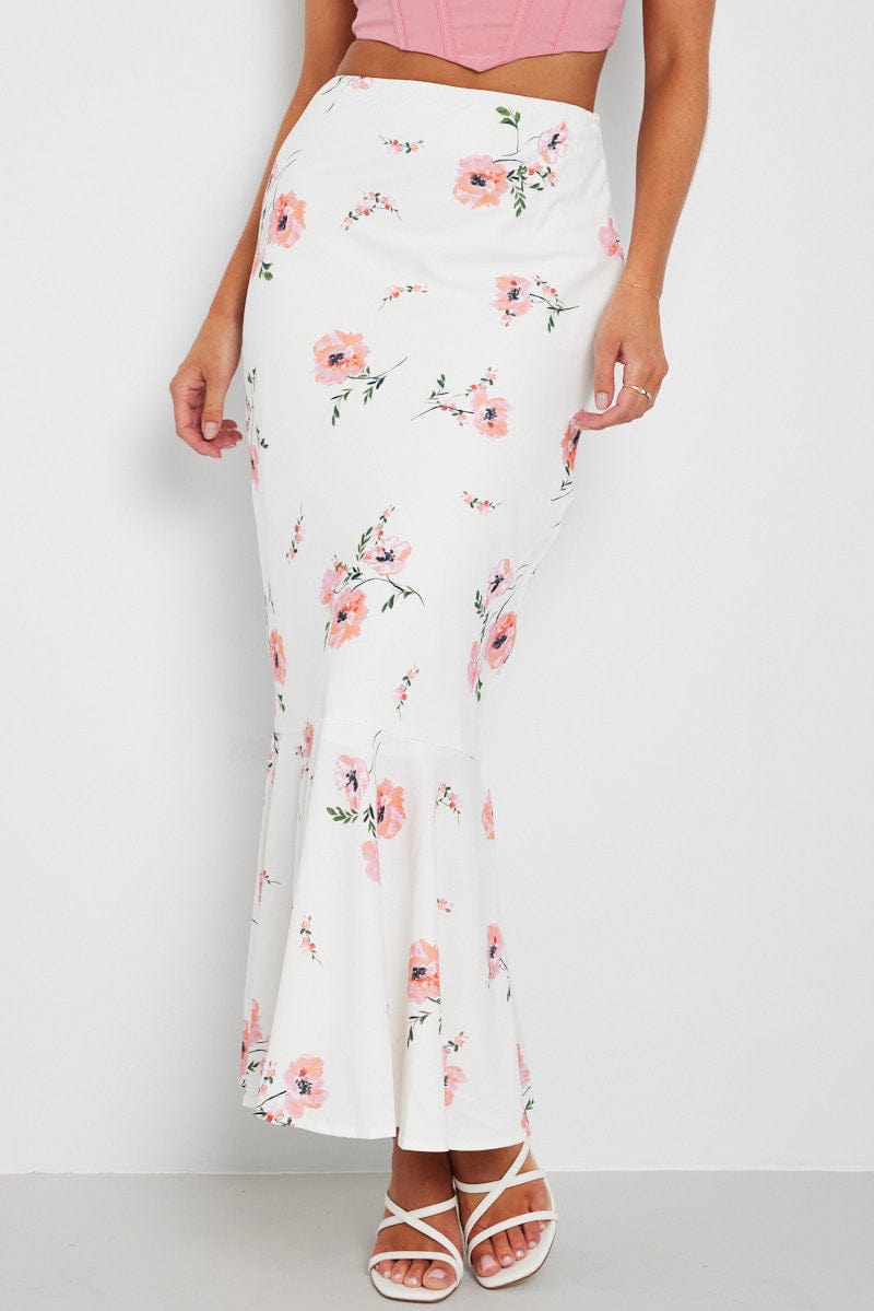 White Floral Maxi Skirt High Waist Fit & Flare for Ally Fashion