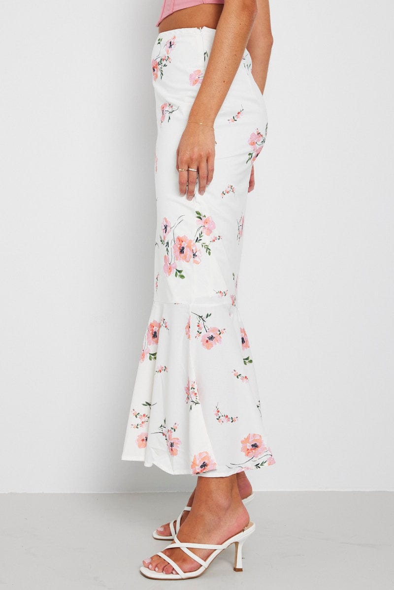 White Floral Maxi Skirt High Waist Fit & Flare for Ally Fashion
