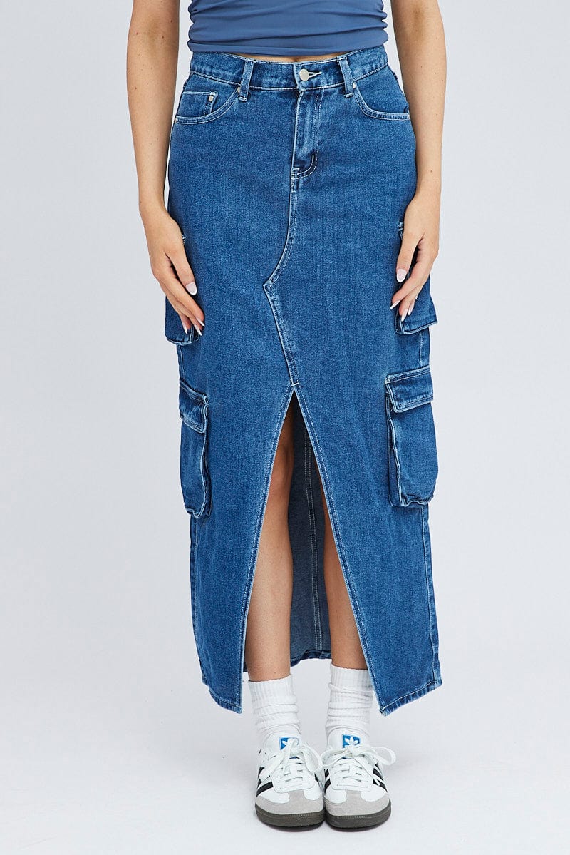 Denim Cargo Skirt Mid Rise Maxi Utility Pocket Details for Ally Fashion