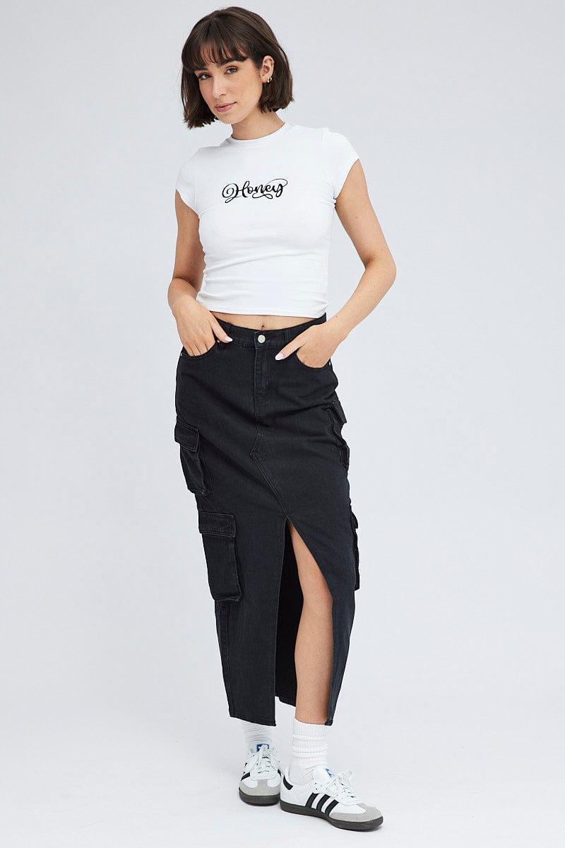 Black Cargo Skirt Mid Rise Maxi Utility Pocket Details for Ally Fashion