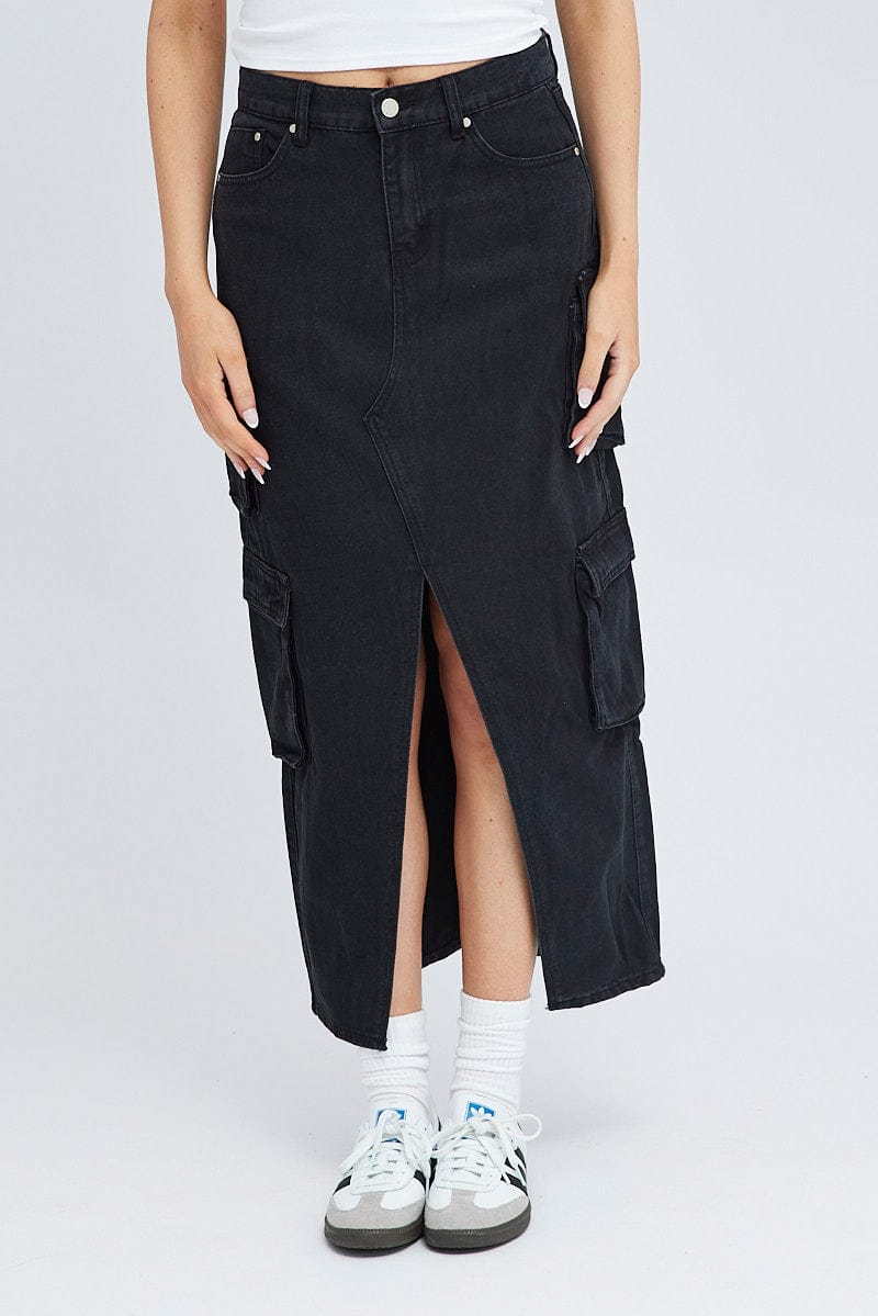 Black Cargo Skirt Mid Rise Maxi Utility Pocket Details for Ally Fashion