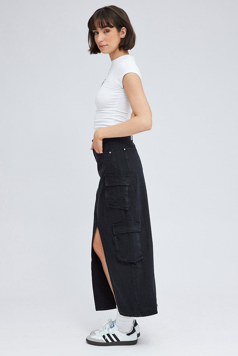 Black Cargo Skirt Mid Rise Maxi Utility Pocket Details for Ally Fashion