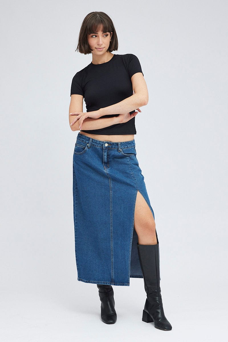 Denim Maxi Skirt Mid Rise Denim Pencil Slit for Ally Fashion