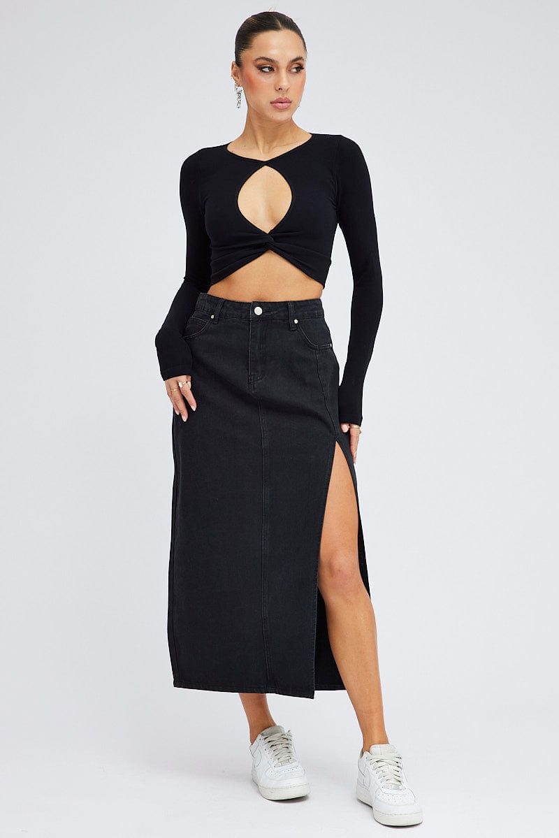 Black Maxi Skirt Mid Rise Denim Pencil Slit for Ally Fashion