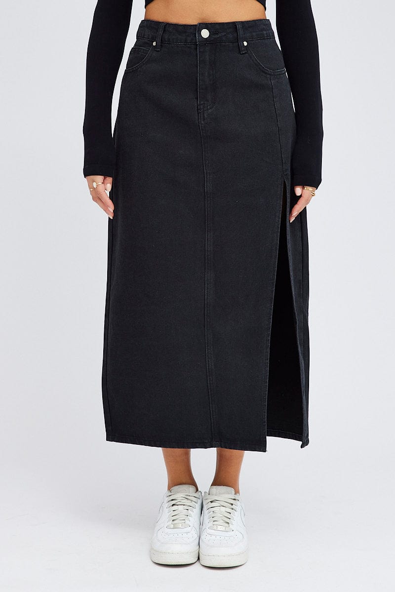Black Maxi Skirt Mid Rise Denim Pencil Slit for Ally Fashion
