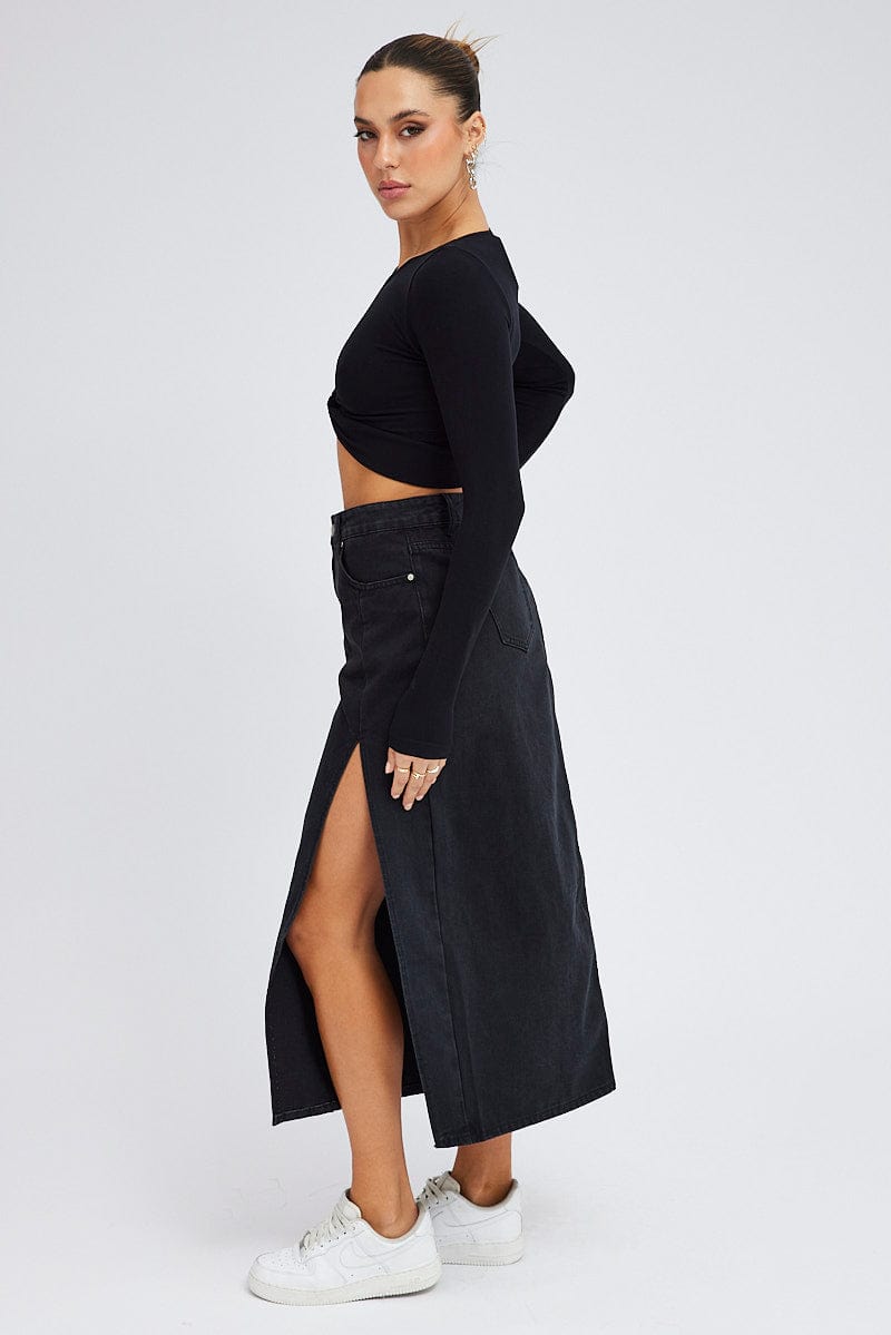 Black Maxi Skirt Mid Rise Denim Pencil Slit for Ally Fashion