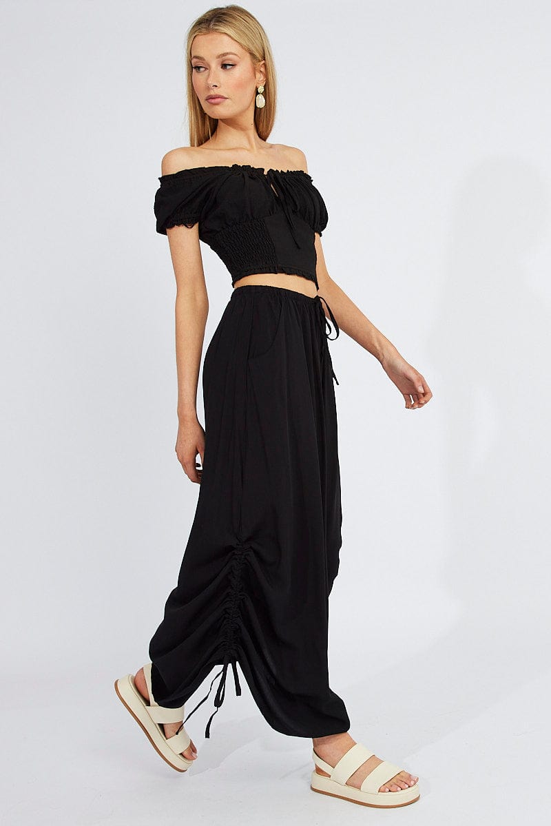 Black Maxi Skirt Side Ruched for Ally Fashion