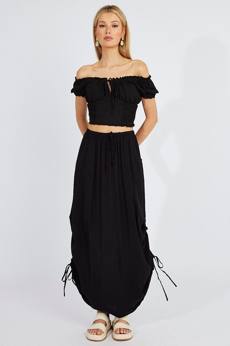 Black Maxi Skirt Side Ruched for Ally Fashion