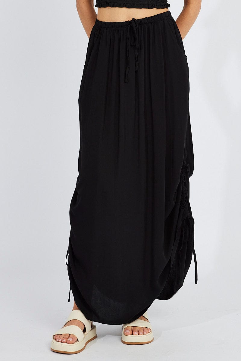 Black Maxi Skirt Side Ruched for Ally Fashion