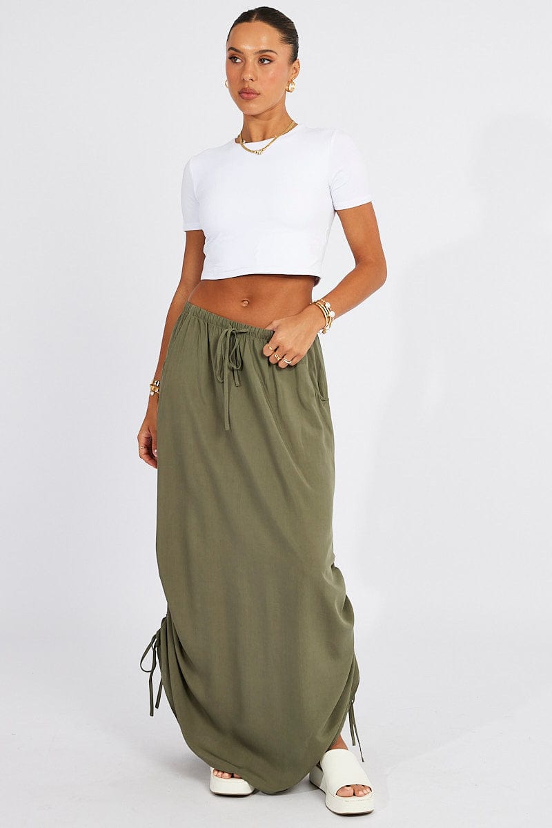 Green Maxi Skirt Side Ruched for Ally Fashion