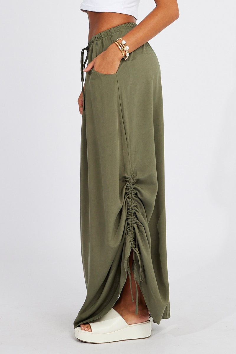 Green Maxi Skirt Side Ruched for Ally Fashion