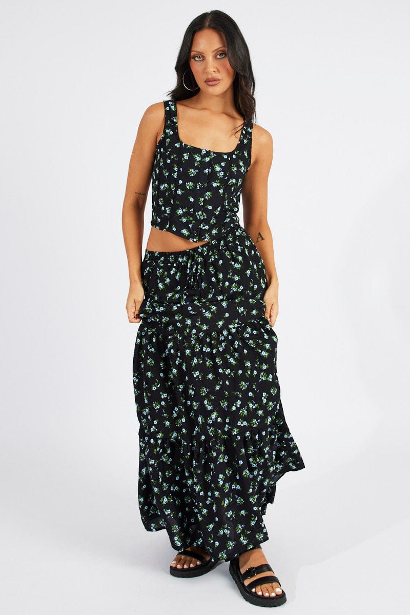 Black Floral Maxi Skirt High Rise Tiered Elastic Waist for Ally Fashion