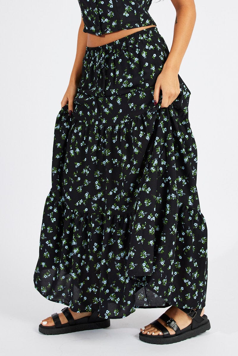 Black Floral Maxi Skirt High Rise Tiered Elastic Waist for Ally Fashion