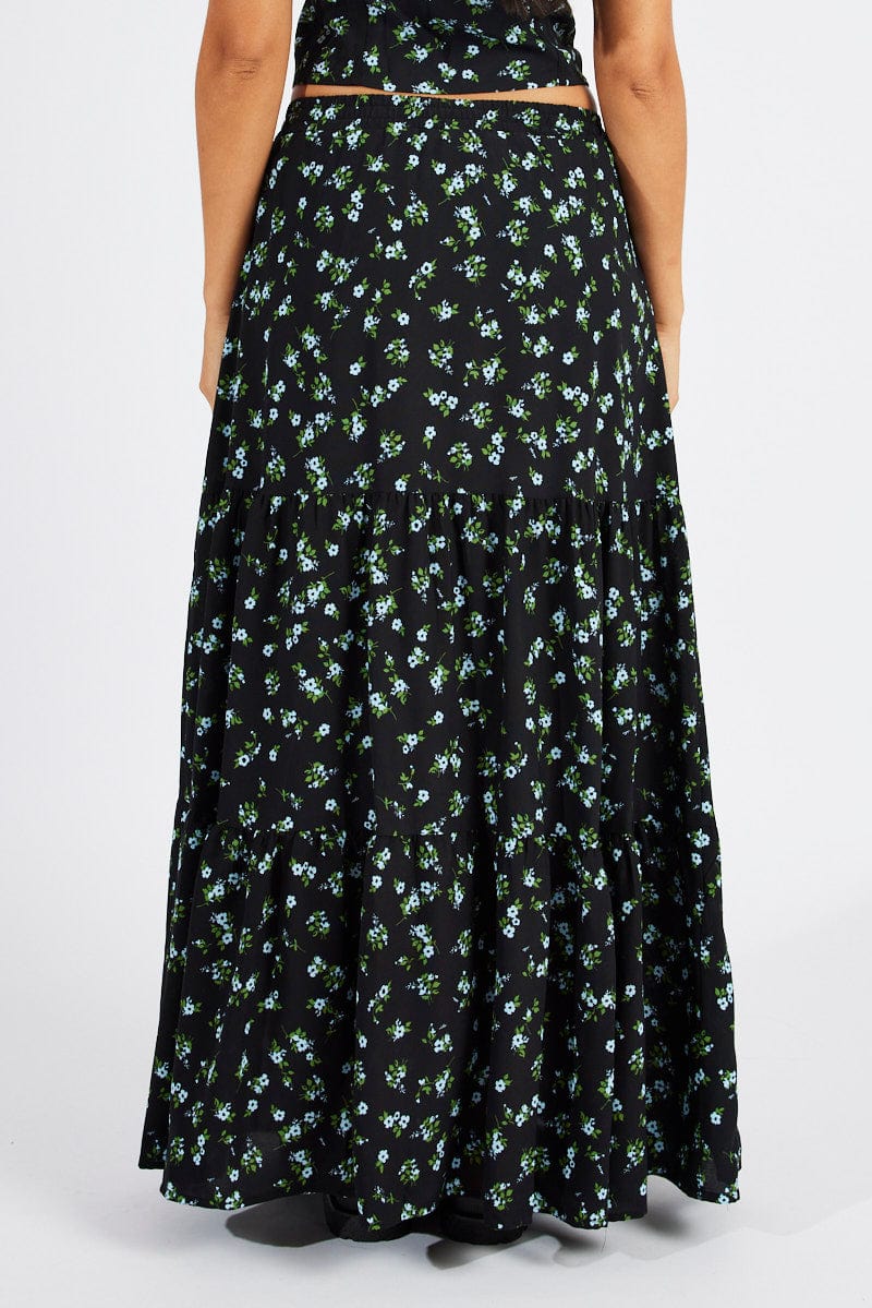 Black Floral Maxi Skirt High Rise Tiered Elastic Waist for Ally Fashion