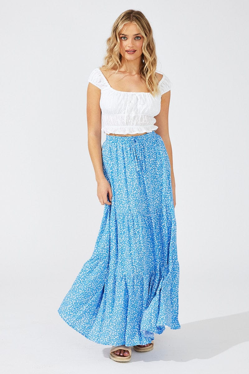 Blue Ditsy Maxi Skirt High Rise Elasticated Waist | Ally Fashion