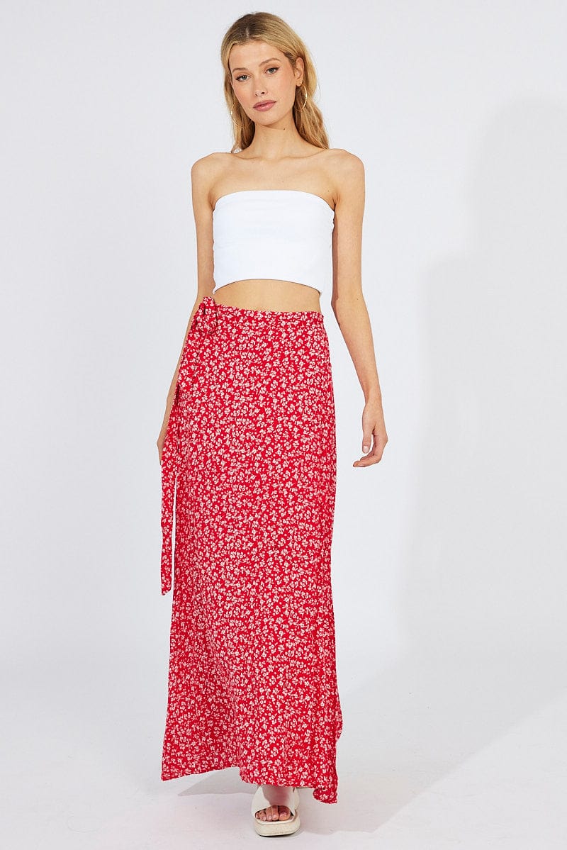 Red Floral Maxi Skirt High Rise Wrap for Ally Fashion