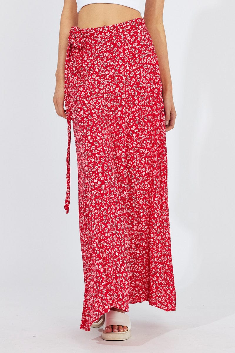 Red Floral Maxi Skirt High Rise Wrap for Ally Fashion