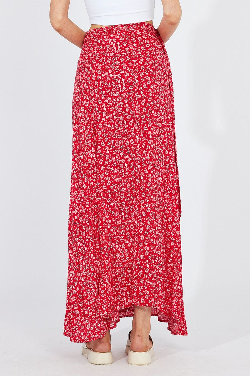 Red Floral Maxi Skirt High Rise Wrap for Ally Fashion
